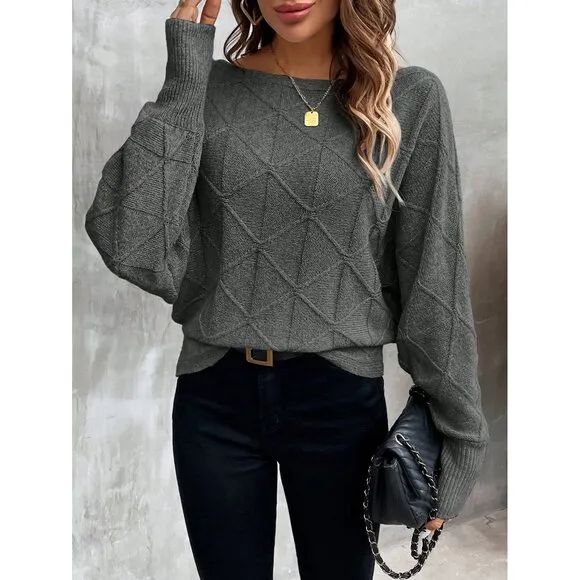 Ribbed knit crosshatch crewneck sweater batwing black