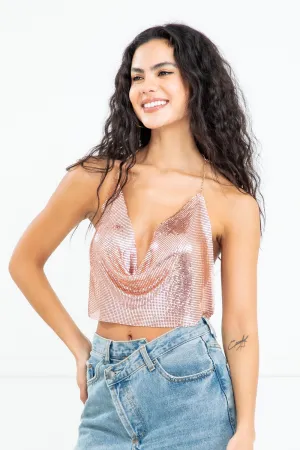 Rose Gold Cowl Neck Chainmail Open Back Top 1/31/24 7951