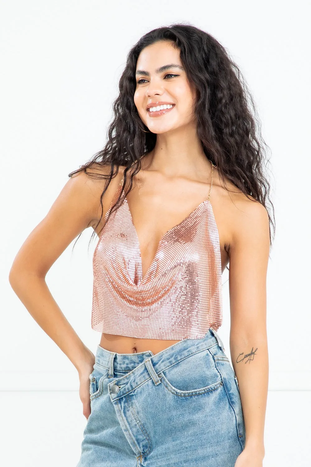 Rose Gold Cowl Neck Chainmail Open Back Top 1/31/24 7951