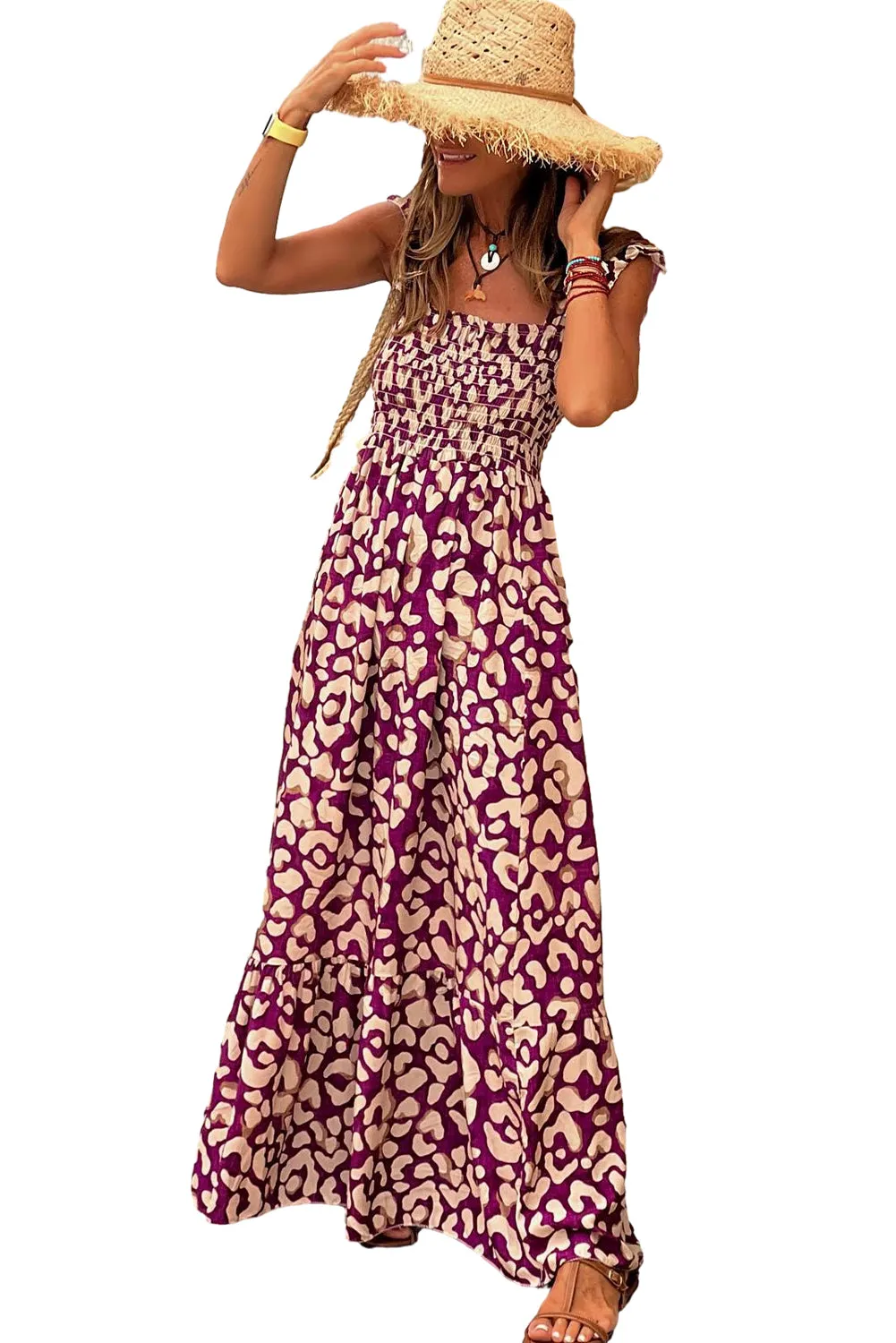 Rose Leopard Ruffle Straps Smocked High Waist Long Dress