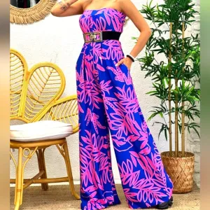 Royal Blue & Pink Floral Print Wide-leg Strapless Jumpsuit