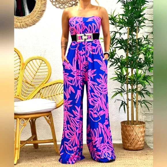 Royal Blue & Pink Floral Print Wide-leg Strapless Jumpsuit