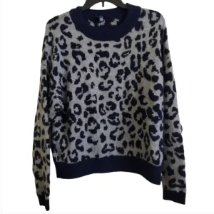 Scoop dark blue and grey animal print crew neck sweater size medium