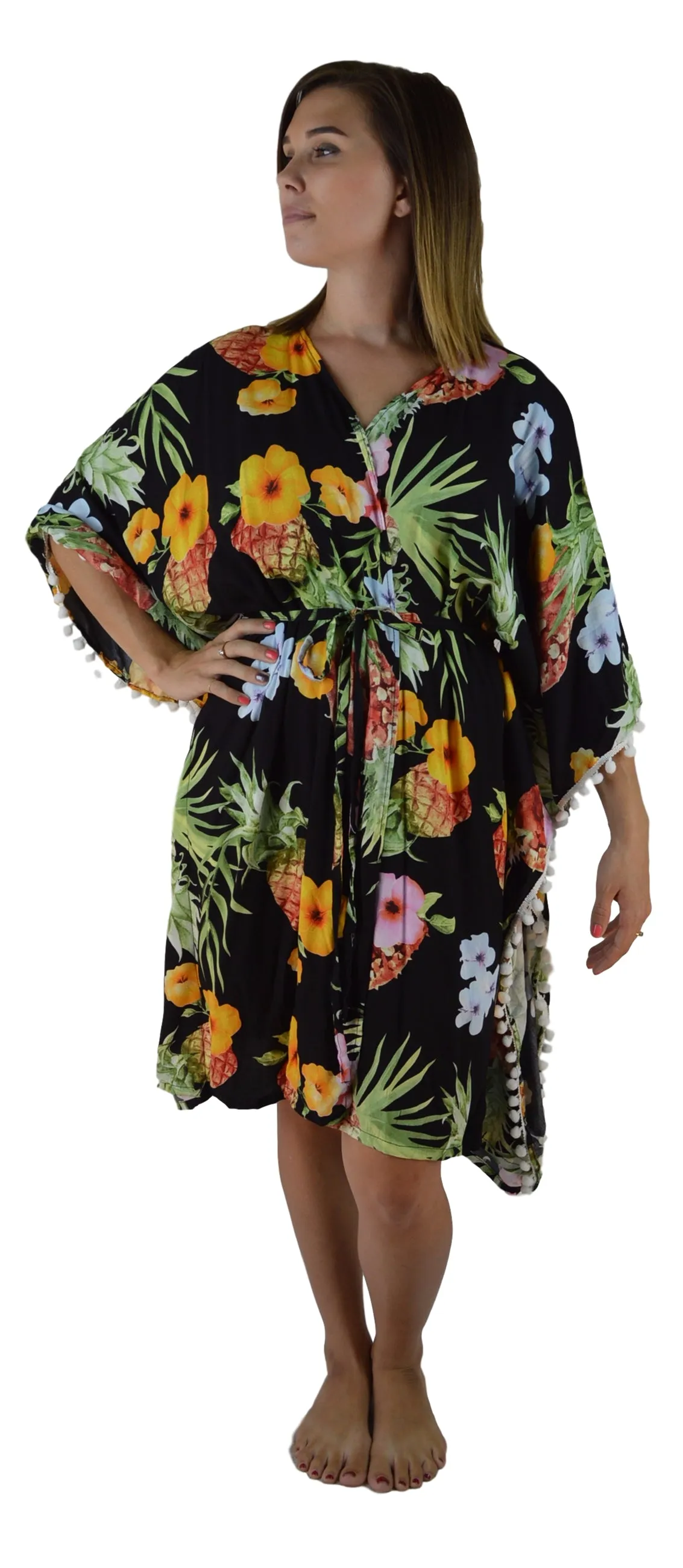 Secret Beach - Haiku Kimono - PomPom - Hibiscus Pineapple - Black