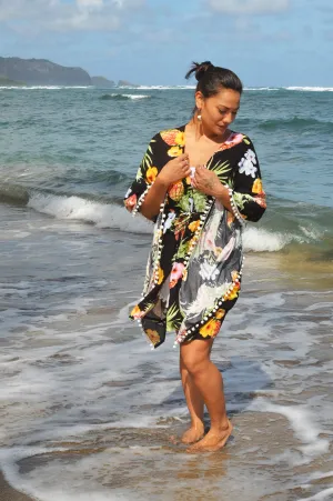 Secret Beach - Haiku Kimono - PomPom - Hibiscus Pineapple - Black