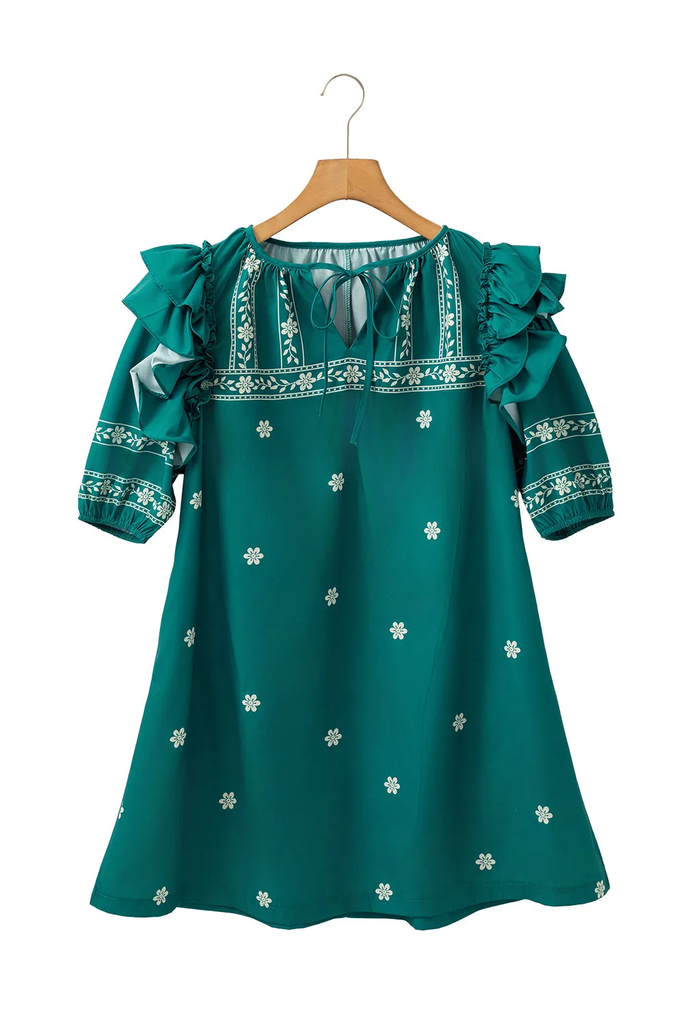 Skobeloff Boho Floral Ruffle Puff Sleeve Lace-up V Neck Mini Dress