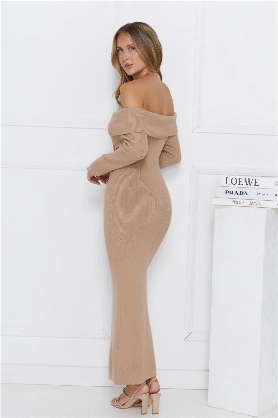 Snow Falling Off Shoulder Long Sleeve Knit Maxi Dress Mocha