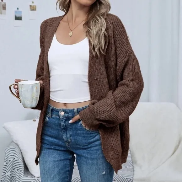 Soft knit drop shoulder oversized cardigan sweater gray