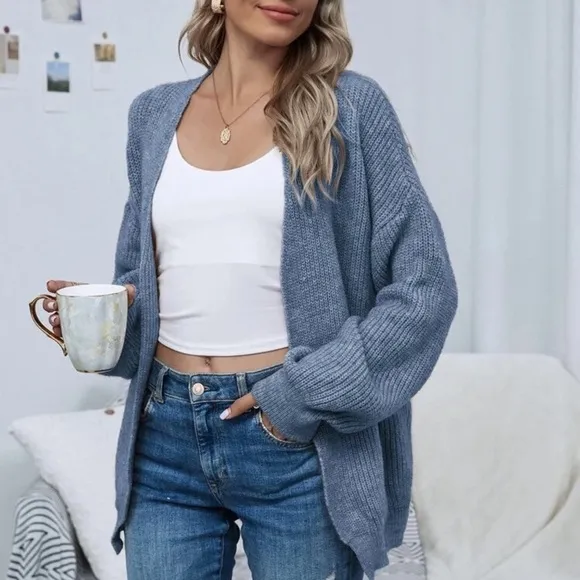 Soft knit drop shoulder oversized cardigan sweater gray