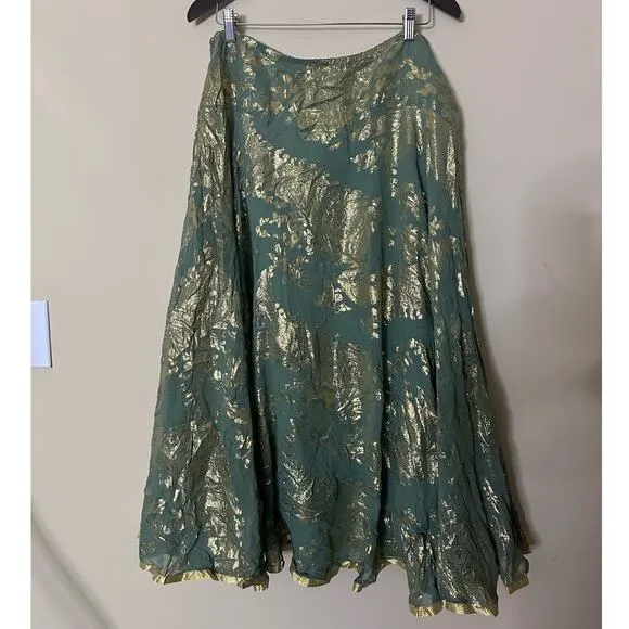 Soft Surroundings Skirt Silk Metallic Boho Modest A-Line Maxi Green Gold Large