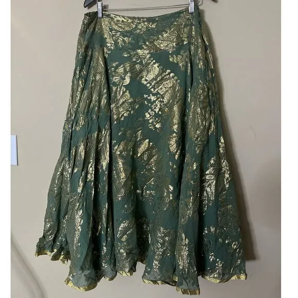 Soft Surroundings Skirt Silk Metallic Boho Modest A-Line Maxi Green Gold Large