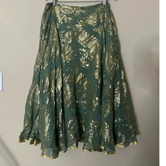 Soft Surroundings Skirt Silk Metallic Boho Modest A-Line Maxi Green Gold Large
