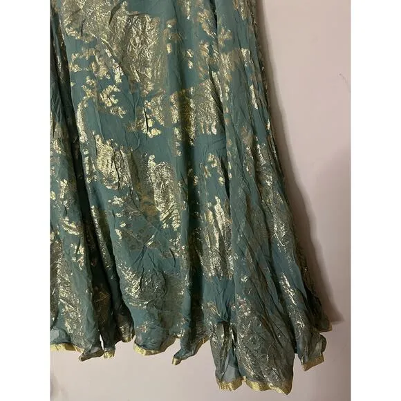 Soft Surroundings Skirt Silk Metallic Boho Modest A-Line Maxi Green Gold Large