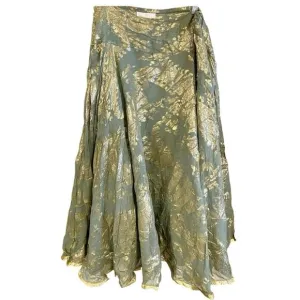 Soft Surroundings Skirt Silk Metallic Boho Modest A-Line Maxi Green Gold Large