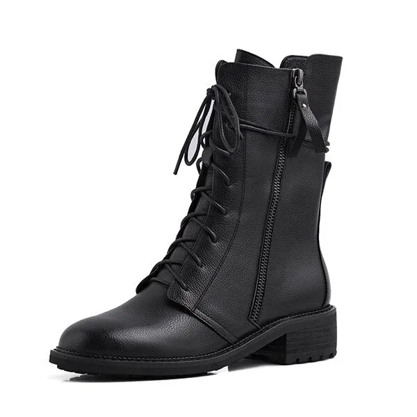Solid Boots Lace Up Comfortable Round Toe Handmade Zipper Square Heel New Shoes Short Plush Fashion Ankle Boots