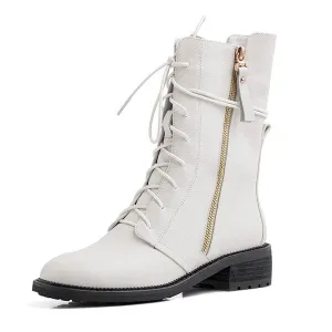 Solid Boots Lace Up Comfortable Round Toe Handmade Zipper Square Heel New Shoes Short Plush Fashion Ankle Boots
