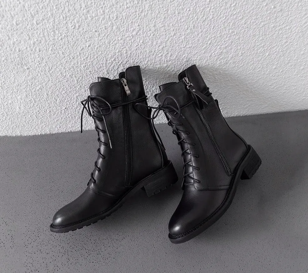 Solid Boots Lace Up Comfortable Round Toe Handmade Zipper Square Heel New Shoes Short Plush Fashion Ankle Boots