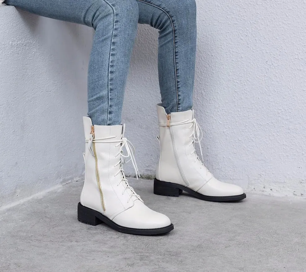 Solid Boots Lace Up Comfortable Round Toe Handmade Zipper Square Heel New Shoes Short Plush Fashion Ankle Boots