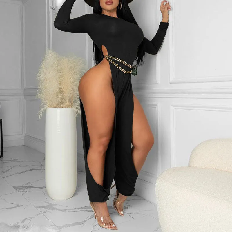 Solid Long Sleeve High Slit Jumpsuit