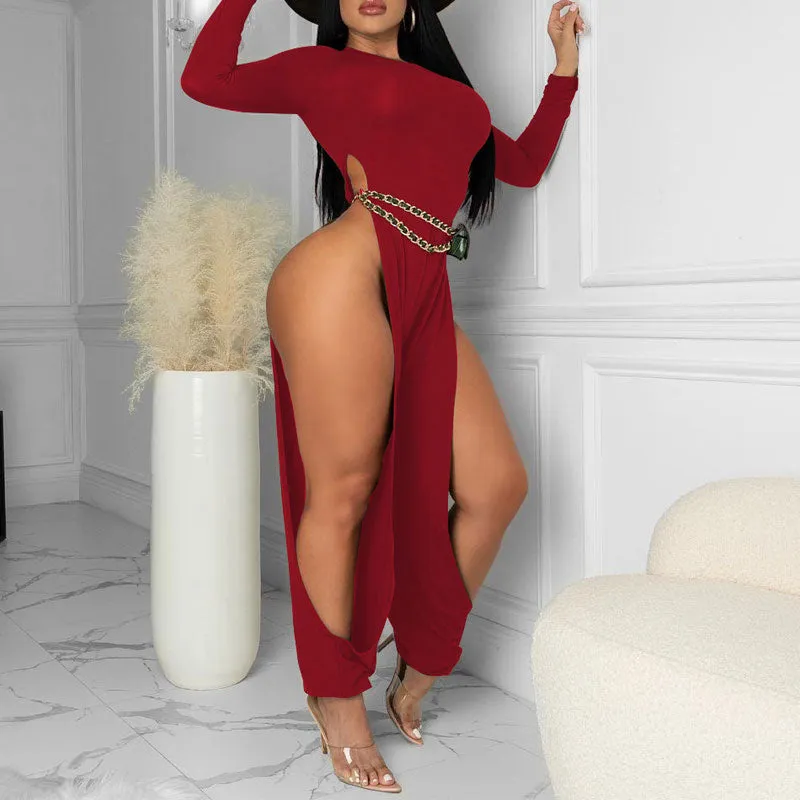 Solid Long Sleeve High Slit Jumpsuit