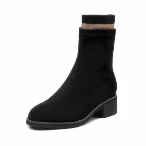 Stretch Fabric Boots Women Round Toe Slip-On Autumn Winter Ladies Sock Boots Med Heel Handmade 02216