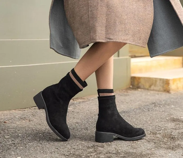 Stretch Fabric Boots Women Round Toe Slip-On Autumn Winter Ladies Sock Boots Med Heel Handmade 02216