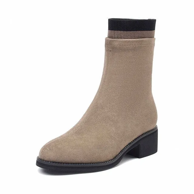 Stretch Fabric Boots Women Round Toe Slip-On Autumn Winter Ladies Sock Boots Med Heel Handmade 02216
