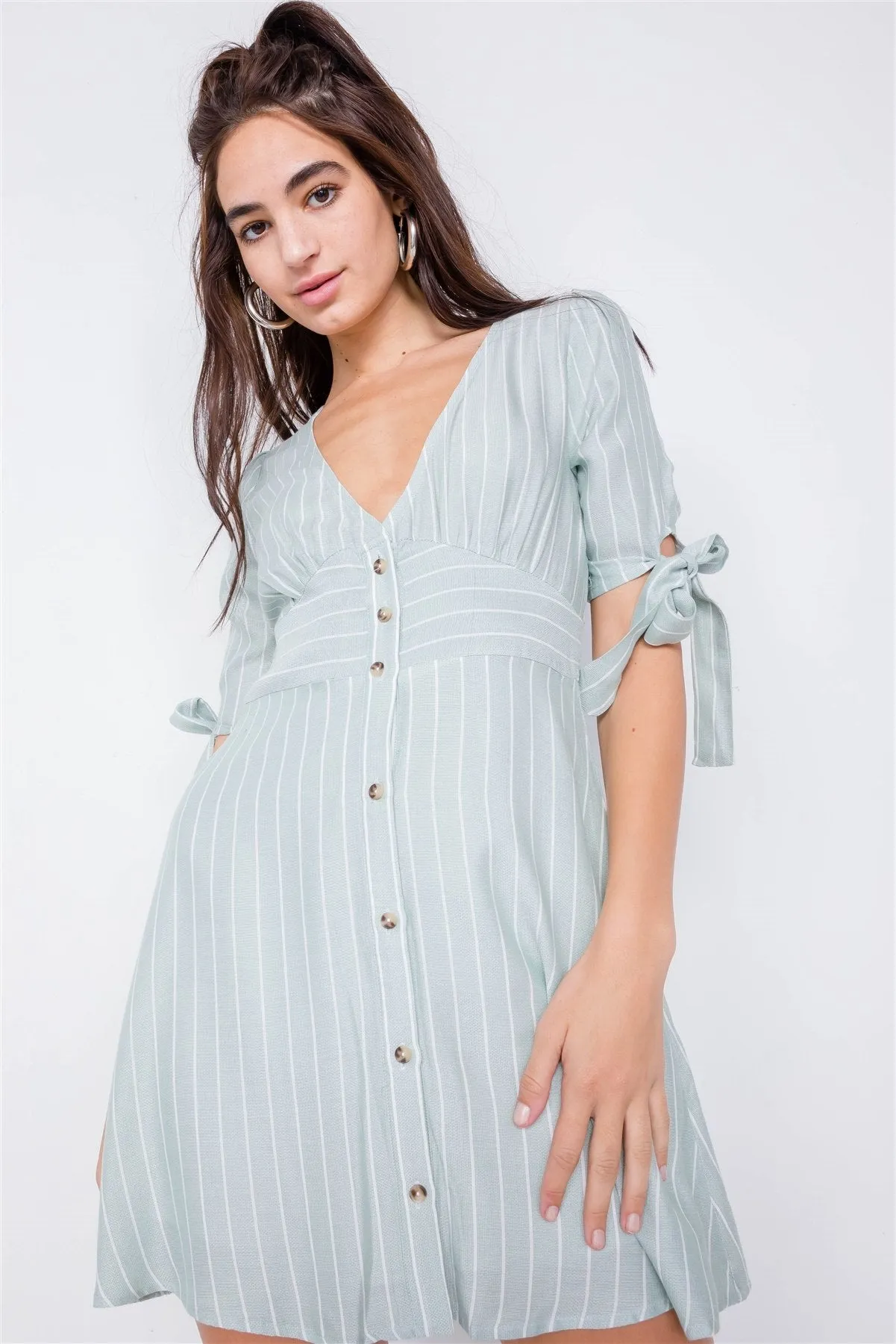 Stripe Casual Office Chic 3/4 Bow Sleeve Mini Dress