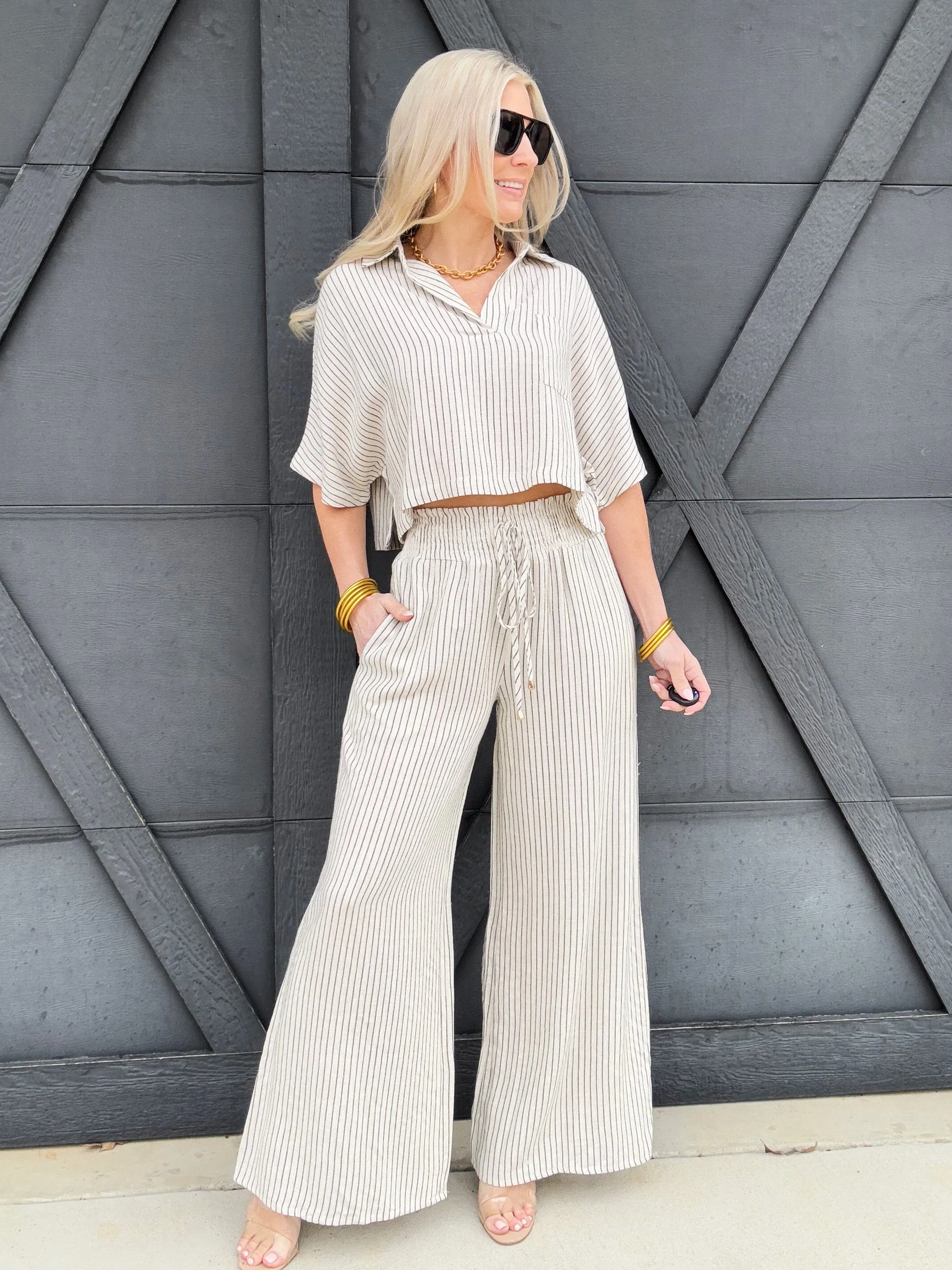 Striped Half Sleeve Crop Top In Natural