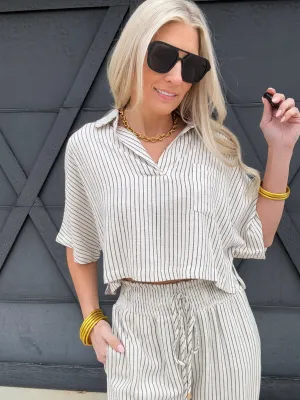 Striped Half Sleeve Crop Top In Natural