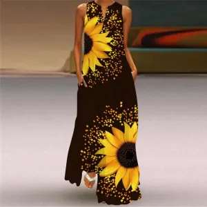 Summer Dress Women's Sleeveless Long Dress Boho V-neck Print Dress