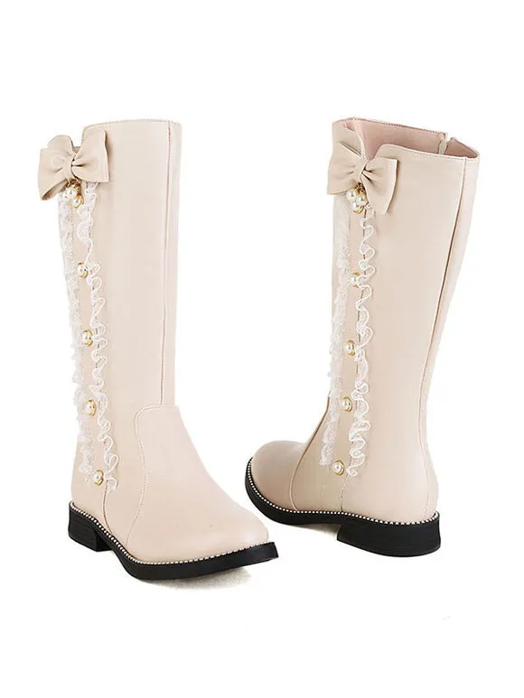 Sweet Lolita Boots PU Leather Bows Round Toe Ecru White Lolita Footwear