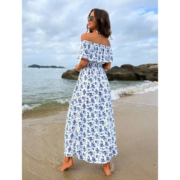 Thigh slit print sleeveless off the shoulder boho ruffle maxi dress white blue