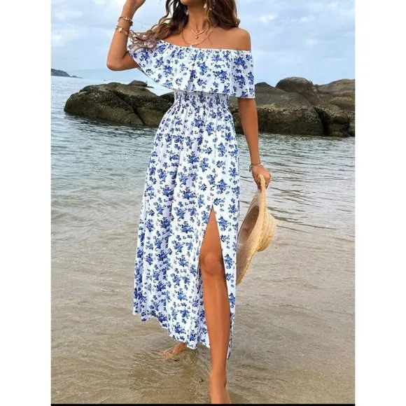 Thigh slit print sleeveless off the shoulder boho ruffle maxi dress white blue