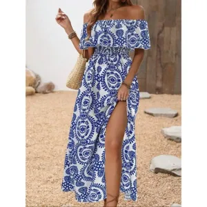 Thigh slit print sleeveless off the shoulder boho ruffle maxi dress white blue