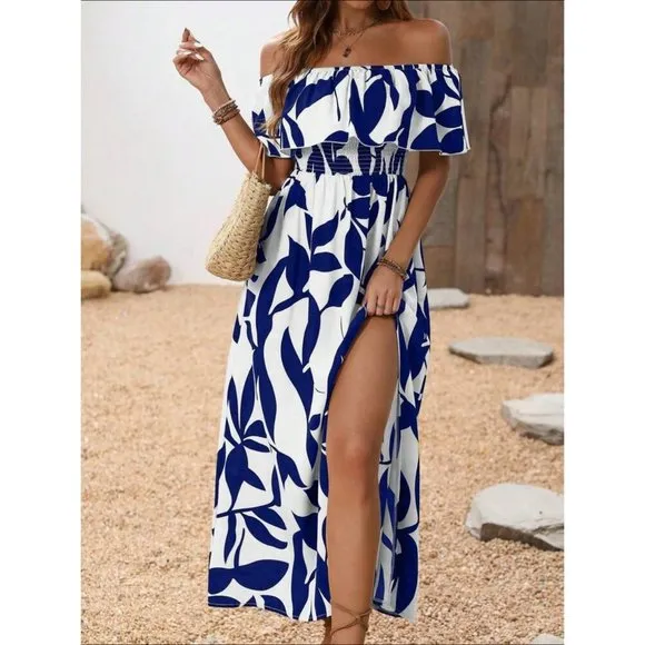 Thigh slit print sleeveless off the shoulder boho ruffle maxi dress white blue