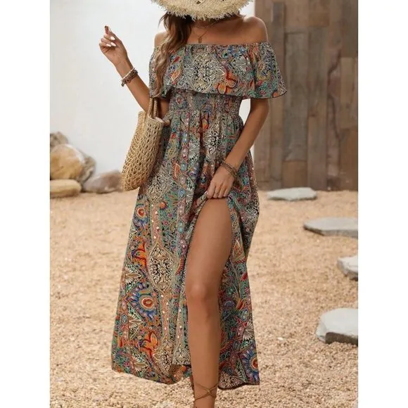 Thigh slit print sleeveless off the shoulder boho ruffle maxi dress white blue