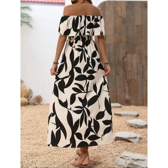 Thigh slit print sleeveless off the shoulder boho ruffle maxi dress white blue