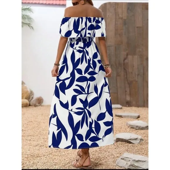 Thigh slit print sleeveless off the shoulder boho ruffle maxi dress white blue