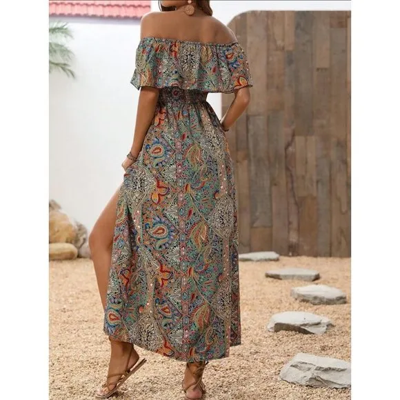 Thigh slit print sleeveless off the shoulder boho ruffle maxi dress white blue