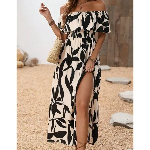 Thigh slit print sleeveless off the shoulder boho ruffle maxi dress white blue