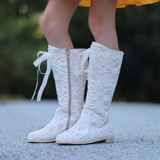 Tiny Toes Nation Girl's White Knee High Lace Victorian BOOTS Size 5