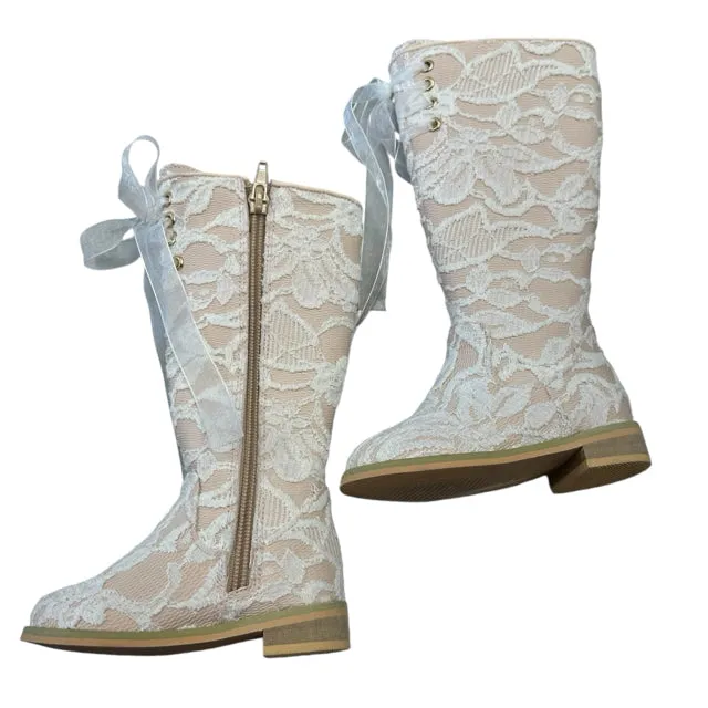 Tiny Toes Nation Girl's White Knee High Lace Victorian BOOTS Size 5