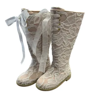 Tiny Toes Nation Girl's White Knee High Lace Victorian BOOTS Size 5