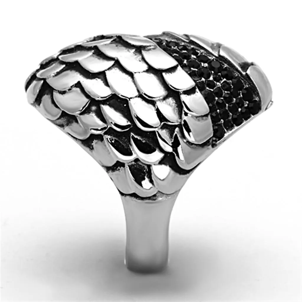 TK1327 High polished (no plating) Stainless Steel Ring with Top Grade Crystal in Jet