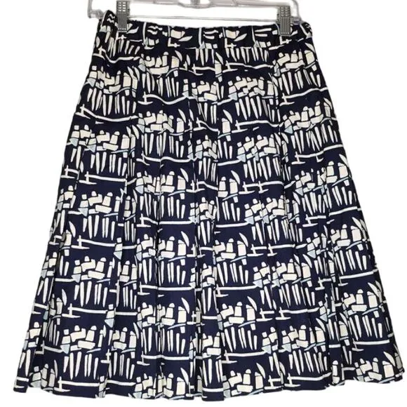 Tory Burch Womans Skirt Size 0 Navy Blue Figurines Pleated Stretch Poplin Cotton