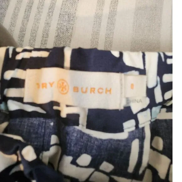 Tory Burch Womans Skirt Size 0 Navy Blue Figurines Pleated Stretch Poplin Cotton