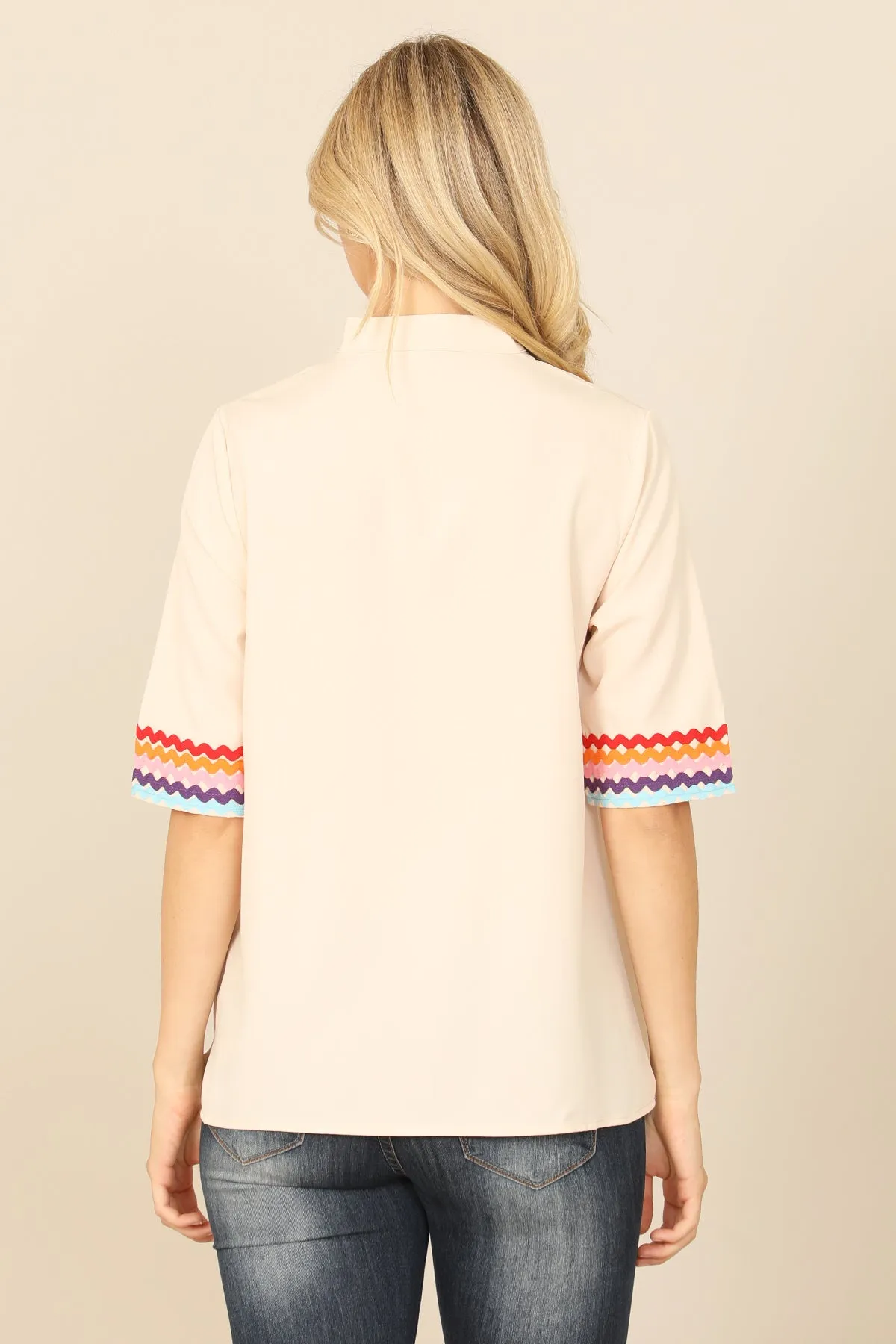 V-NECK MANDARIN COLLAR WAVE PRINT HALF SLEEVE TOP