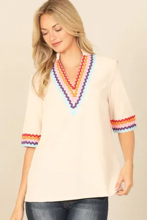 V-NECK MANDARIN COLLAR WAVE PRINT HALF SLEEVE TOP