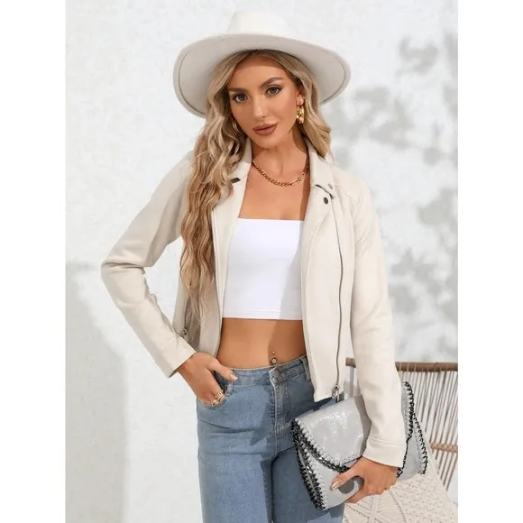 vegan suede Zip Up Solid Moto Jacket cream